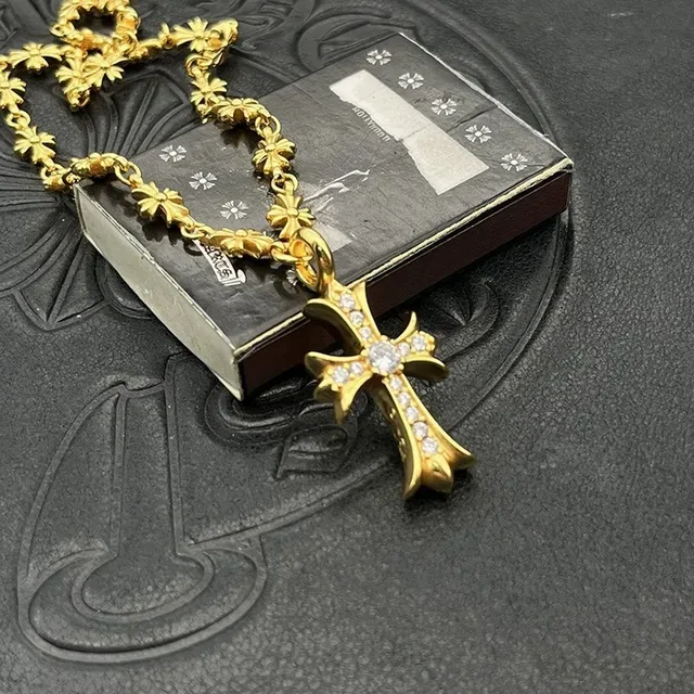 Chrome Hearts Floral Cross Necklace Gold White Chain Pavé-Set Pendant Necklace 5