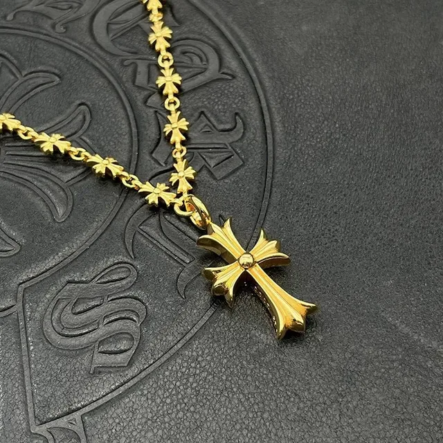 Chrome Hearts Floral Cross Necklace Gold White Chain Pavé-Set Pendant Necklace 6