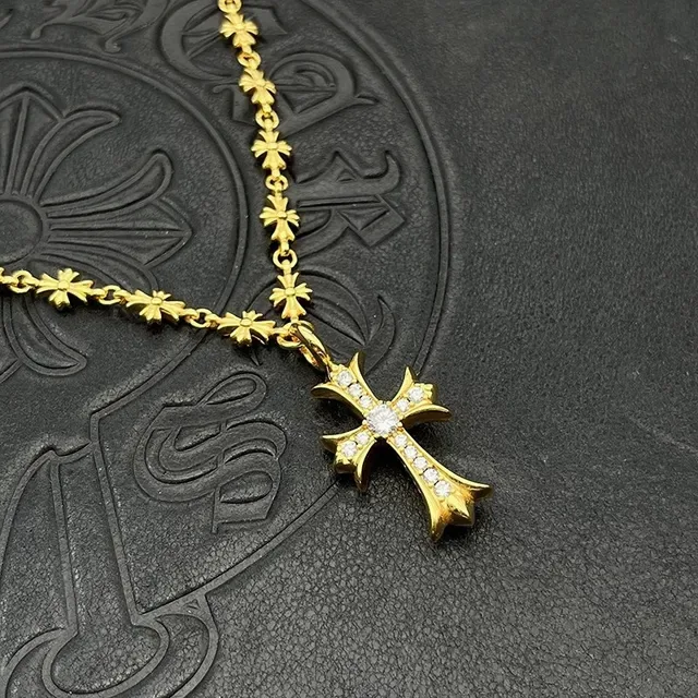 Chrome Hearts Floral Cross Necklace Gold White Chain Pavé-Set Pendant Necklace 7