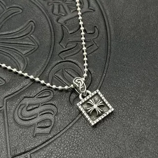 Chrome Hearts Silver Black Chain Square Pavé Pendant Necklace 3