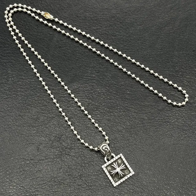 Chrome Hearts Silver Black Chain Square Pavé Pendant Necklace 5
