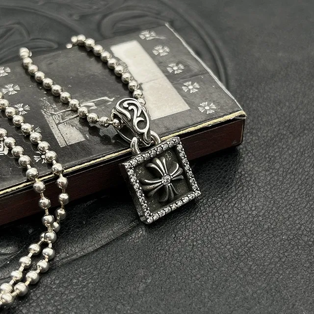 Chrome Hearts Silver Black Chain Square Pavé Pendant Necklace 6