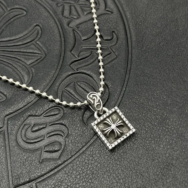 Chrome Hearts Silver Black Chain Square Pavé Pendant Necklace 7