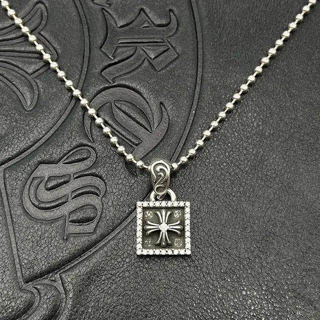 Chrome Hearts Silver Black Chain Square Pavé Pendant Necklace 8