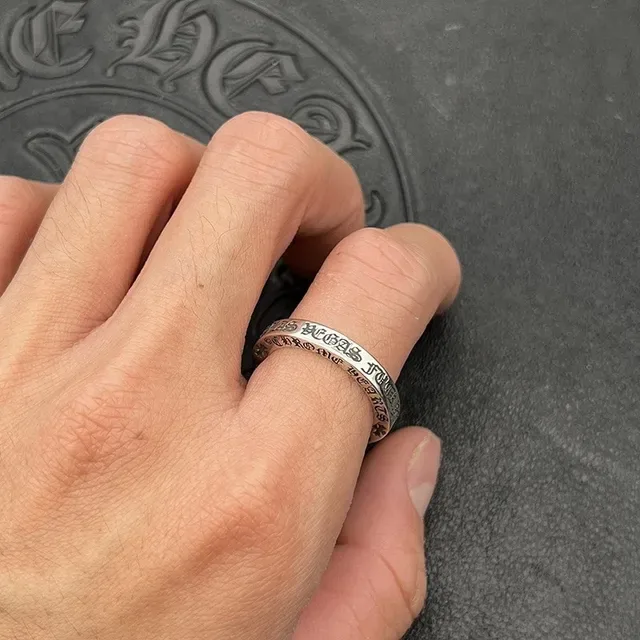 Chrome Hearts Silver Black Engraved Gothic Script Cross Motifs Ring 2