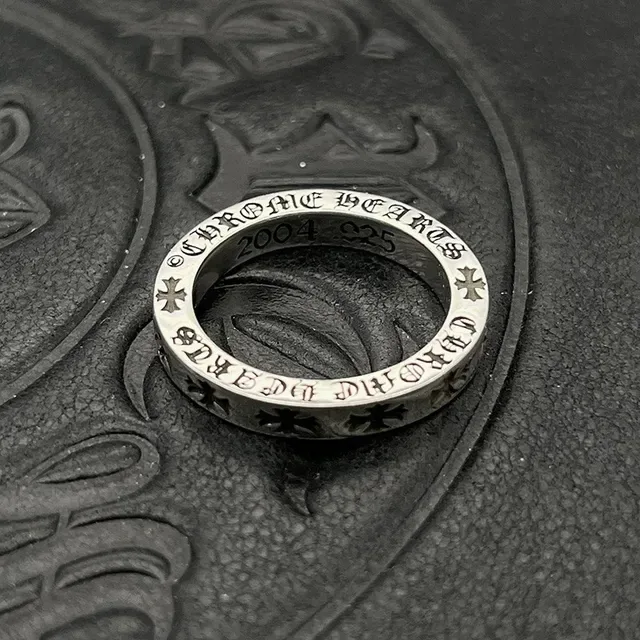 Chrome Hearts Silver Black Engraved Gothic Script Cross Motifs Ring 3
