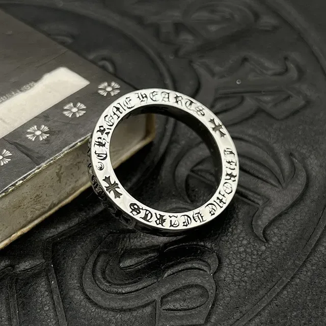 Chrome Hearts Silver Black Engraved Gothic Script Cross Motifs Ring 6