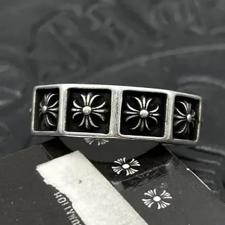 Chrome Hearts রূপালী কালো চার-বর্গাকার ব্যান্ড এনামেল ইনলেস রিং