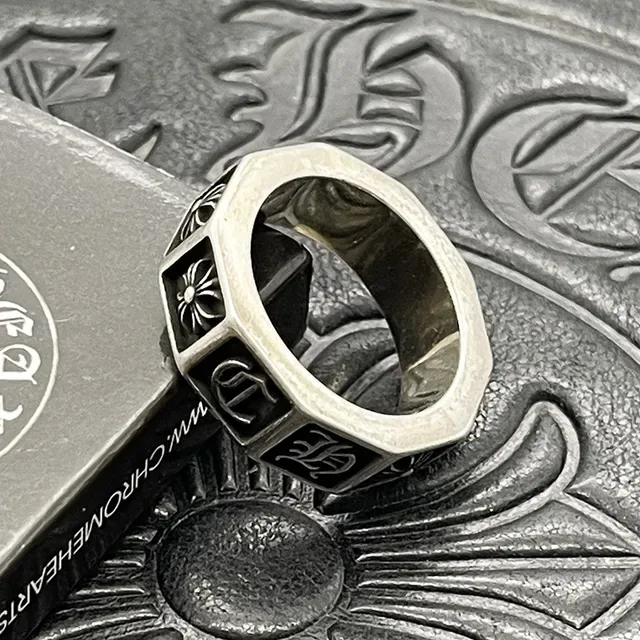 Chrome Hearts Anel Banda Quatro Quadrados Prata Preto com Inlays de Esmalte 4
