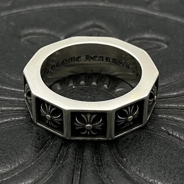 Chrome Hearts Anel Banda Quatro Quadrados Prata Preto com Inlays de Esmalte 6