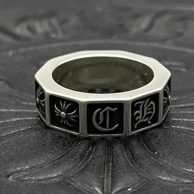 Chrome Hearts Anel Banda Quatro Quadrados Prata Preto com Inlays de Esmalte 7