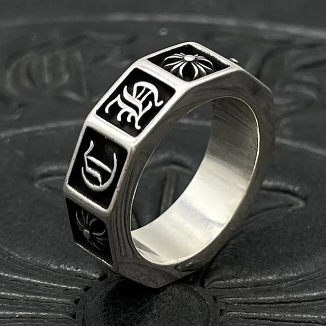 Chrome Hearts Anel Banda Quatro Quadrados Prata Preto com Inlays de Esmalte 8