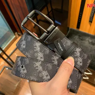 Coach Gray Black Textured Carriage-and-Horse Print Leather Belt