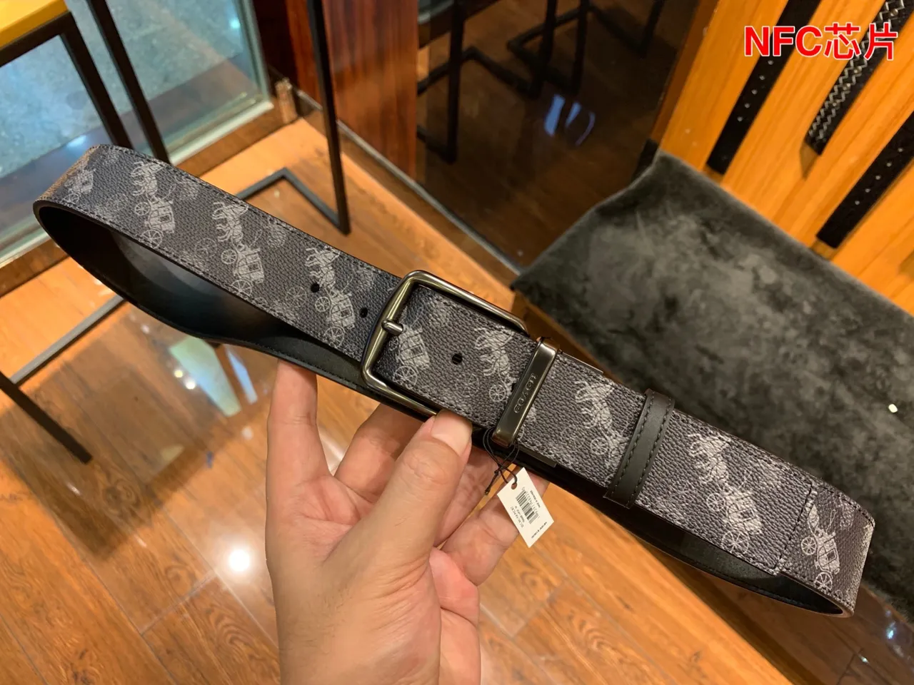 Coach Gray Black Textured Carriage-and-Horse Print Leather Belt 2