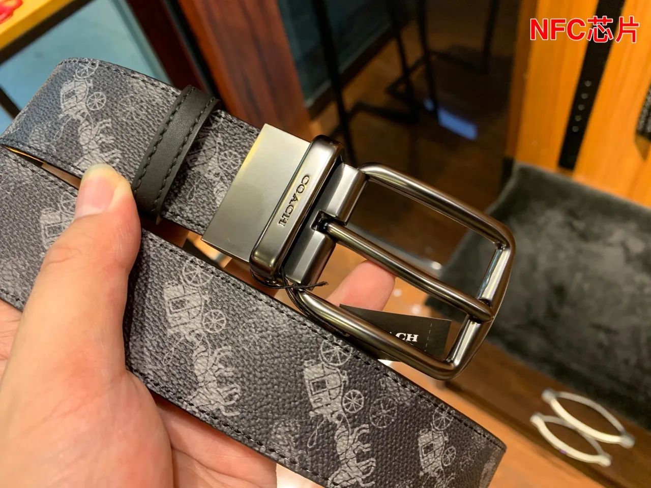 Coach Gray Black Textured Carriage-and-Horse Print Leather Belt 3
