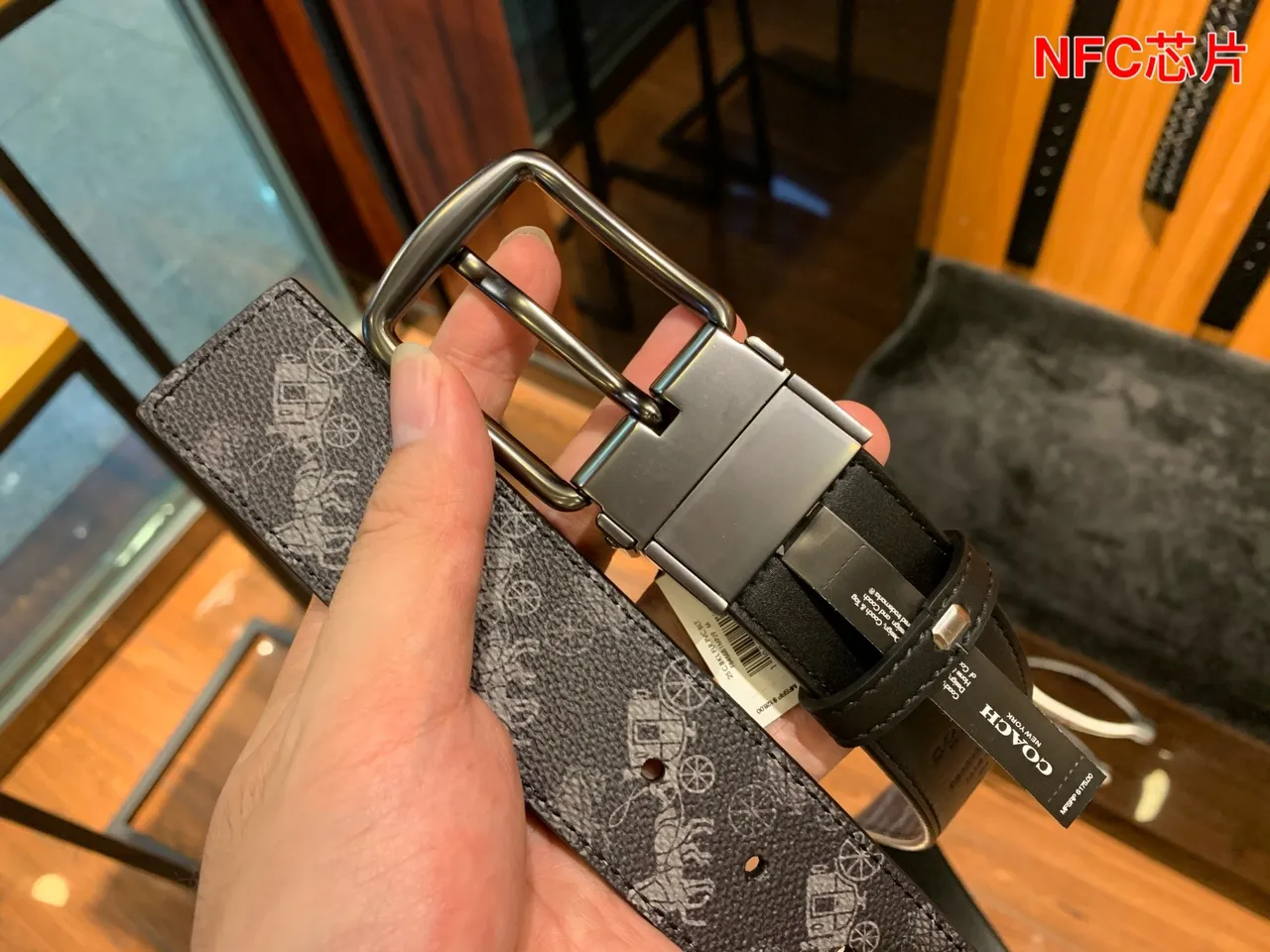 Coach Gray Black Textured Carriage-and-Horse Print Leather Belt 5