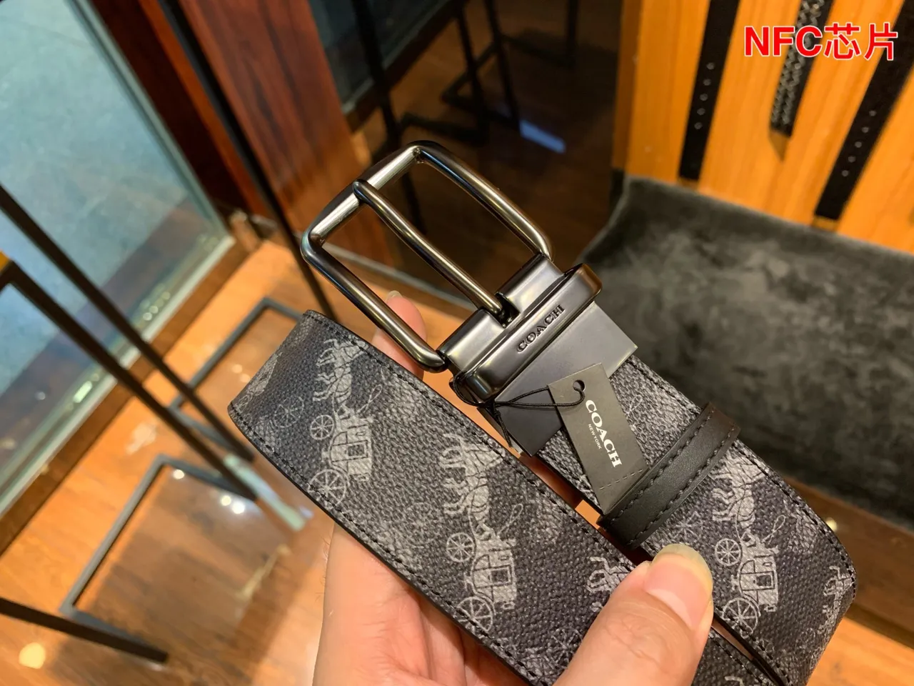 Coach Gray Black Textured Carriage-and-Horse Print Leather Belt 7