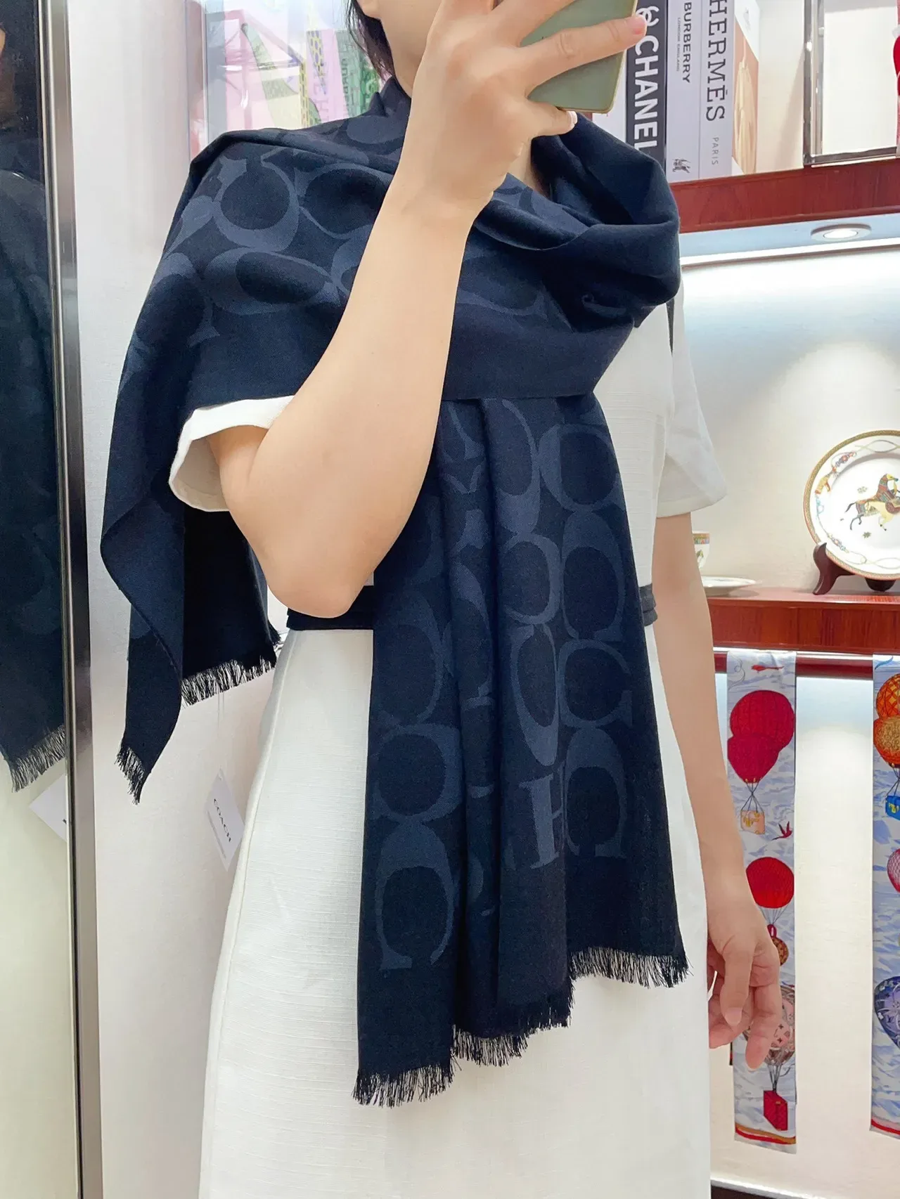 Coach Navy Monogram-Print Fringed Scarve 2