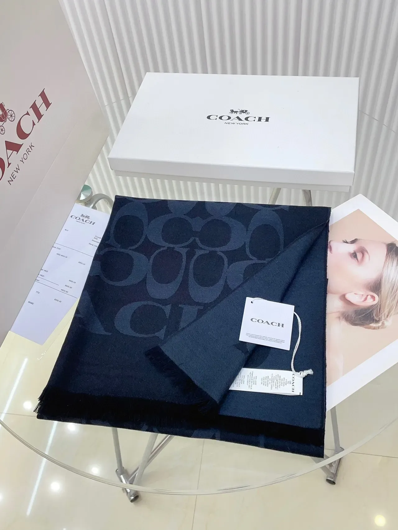 Coach Navy Monogram-Print Fringed Scarve 4
