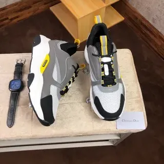 Christian Dior Gray Yellow Sole Mesh And Synthetic Overlay Chunky Sneakers