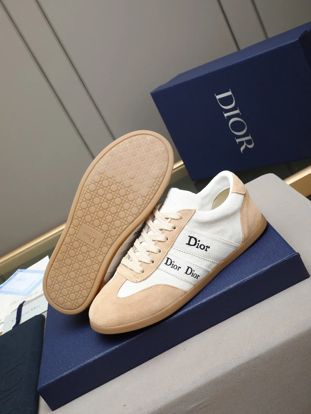 Dior B22 Beige Blanc Chaussures Lifestyle Low-Top Daim et Textil Panelées 4