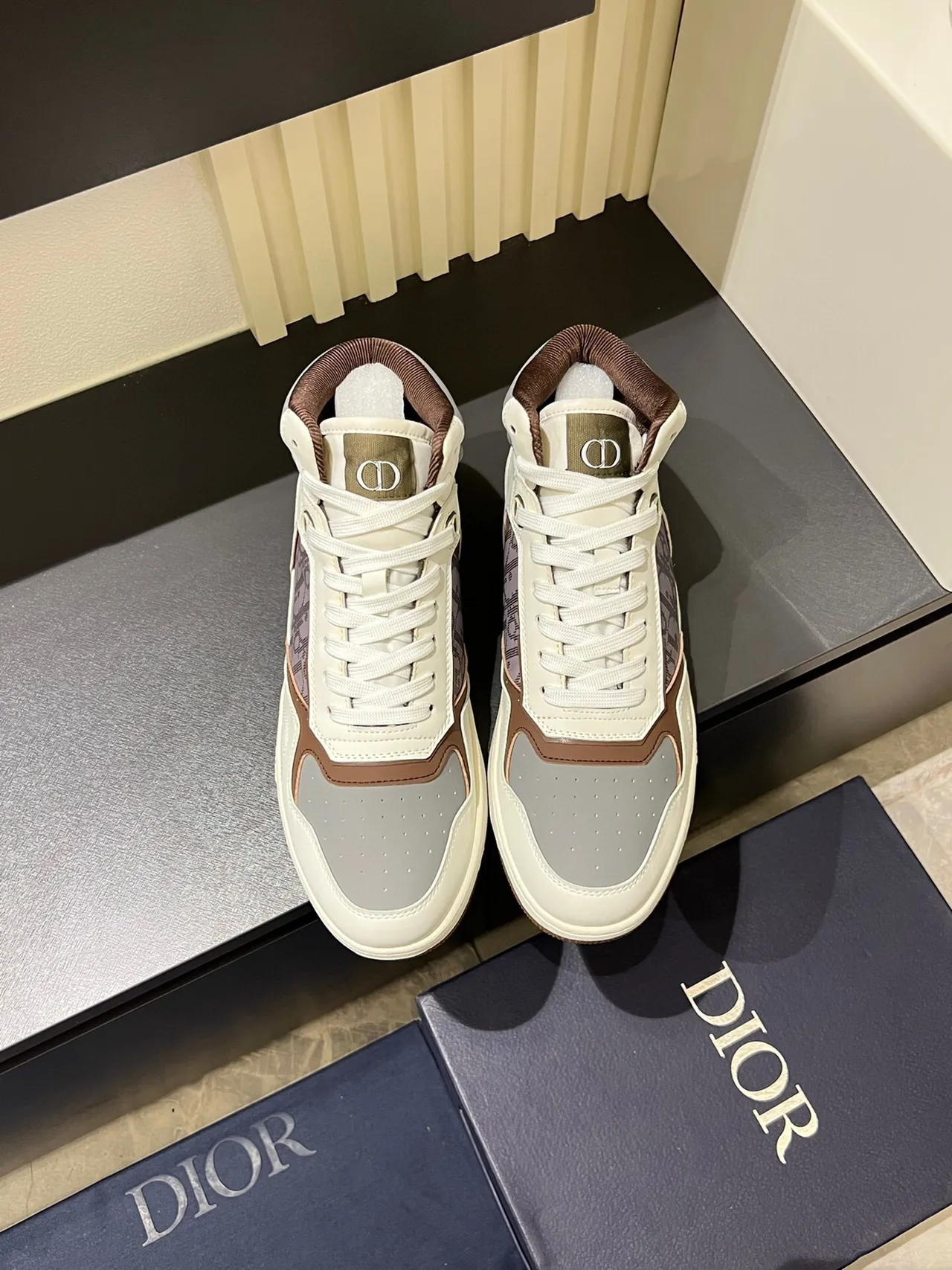 Dior B23 Beige Brown High-Top Monogrammed Panel Lifestyle Sneakers 3
