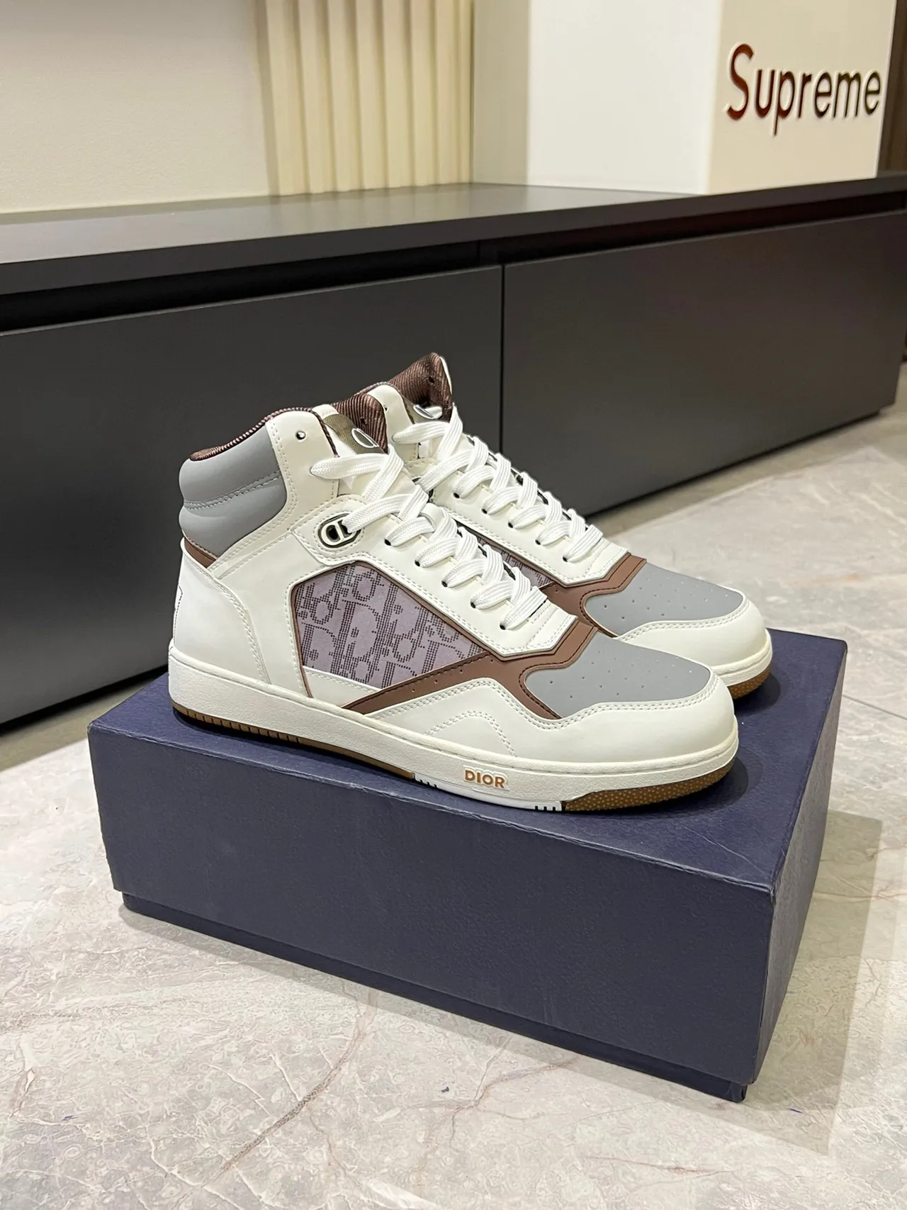 Dior B23 Beige Brown High-Top Monogrammed Panel Lifestyle Sneakers 4