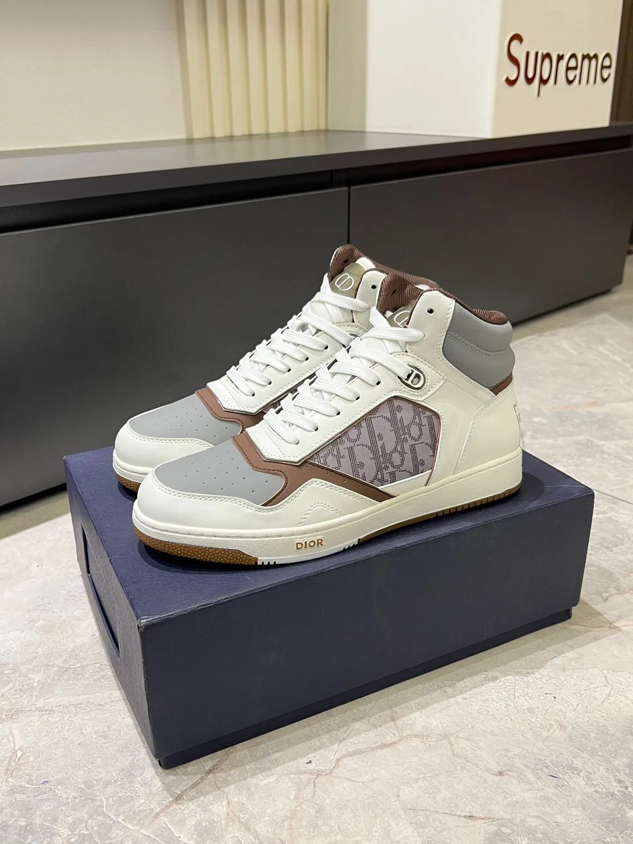 Dior B23 Beige Brown High-Top Monogrammed Panel Lifestyle Sneakers 5