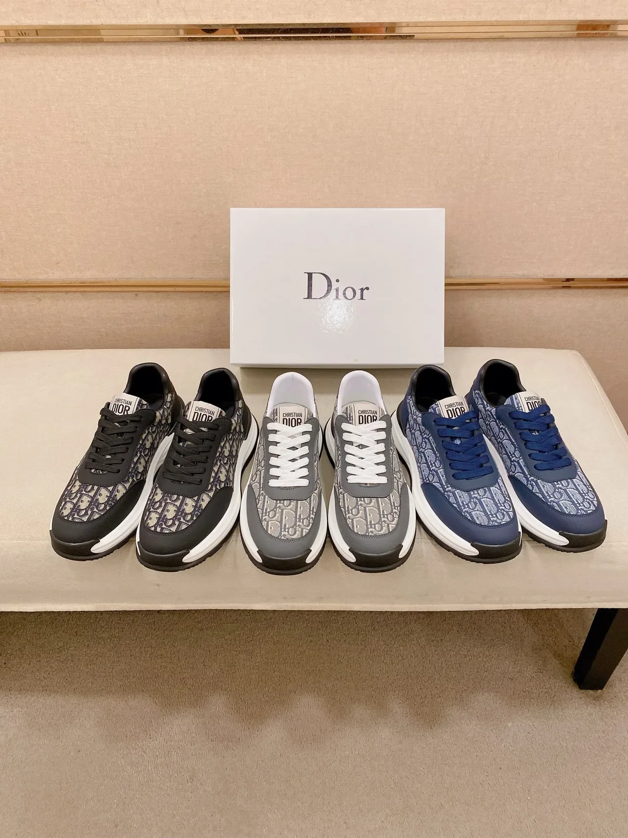 Dior Sneakers Lifestyle Preto Bege Monograma Oblíquo Couro Jacquard Sobrecapas 2