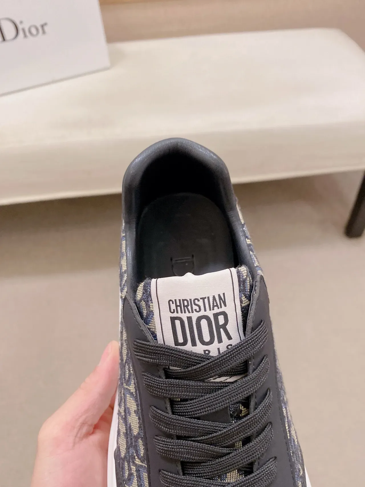 Dior Sneakers Lifestyle Preto Bege Monograma Oblíquo Couro Jacquard Sobrecapas 4