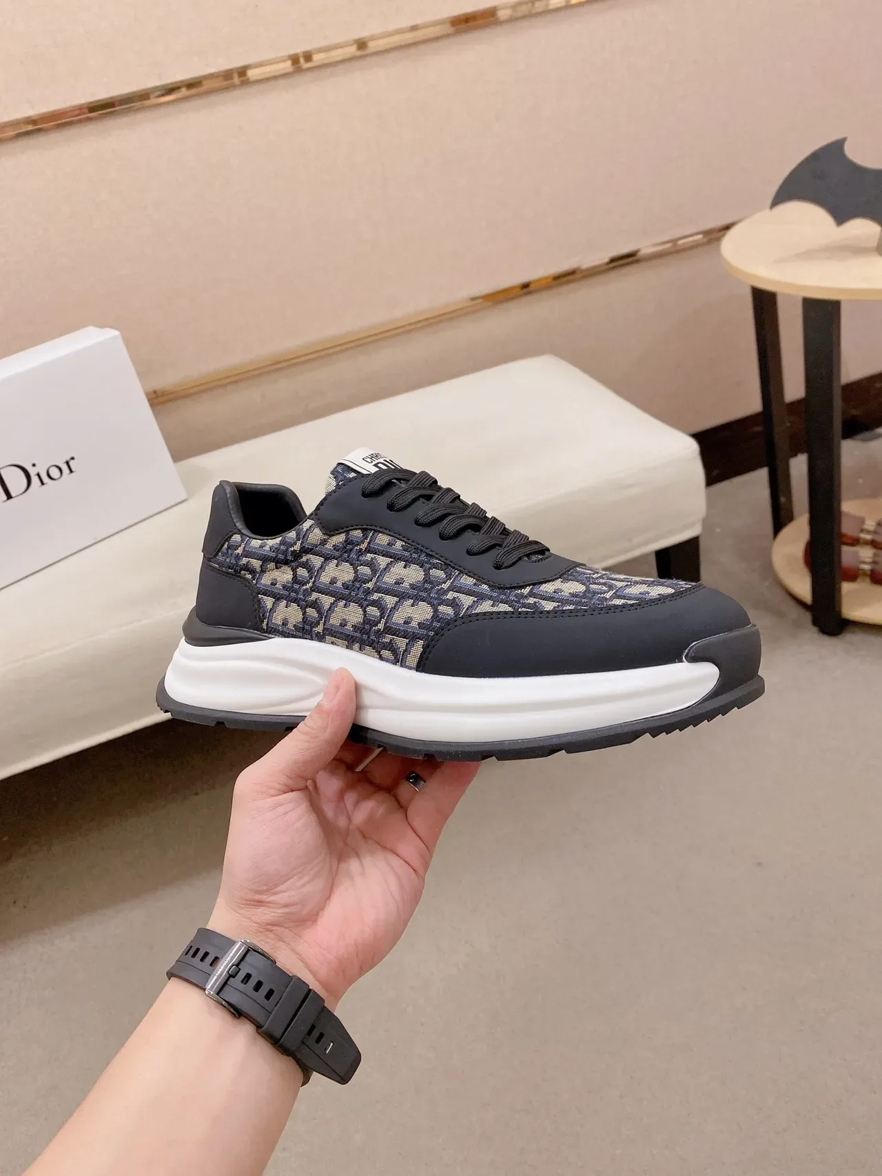 Dior Sneakers Lifestyle Preto Bege Monograma Oblíquo Couro Jacquard Sobrecapas 5