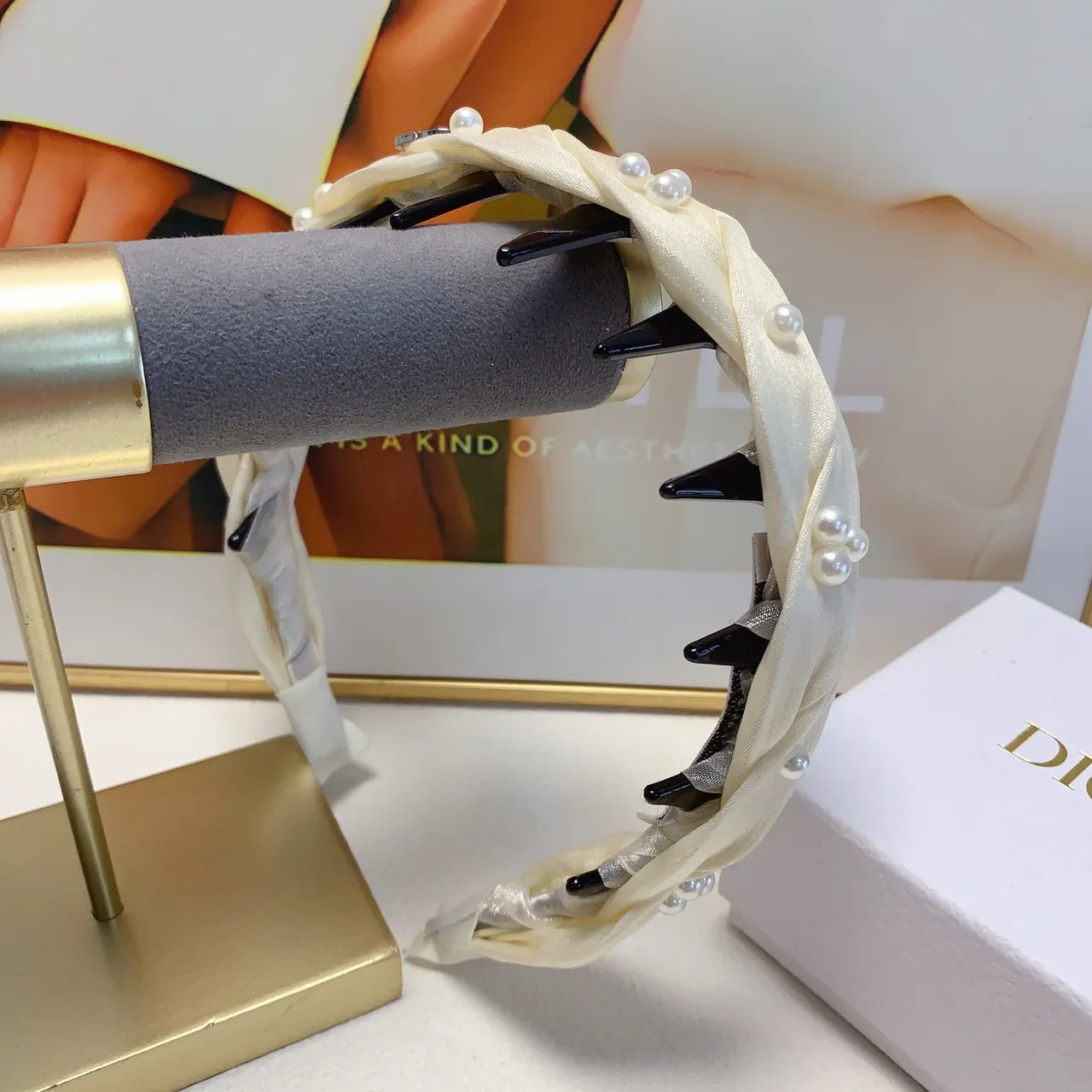 Dior Black Beige Twisted Ribbon Pearl-Embellished Jewelry 5