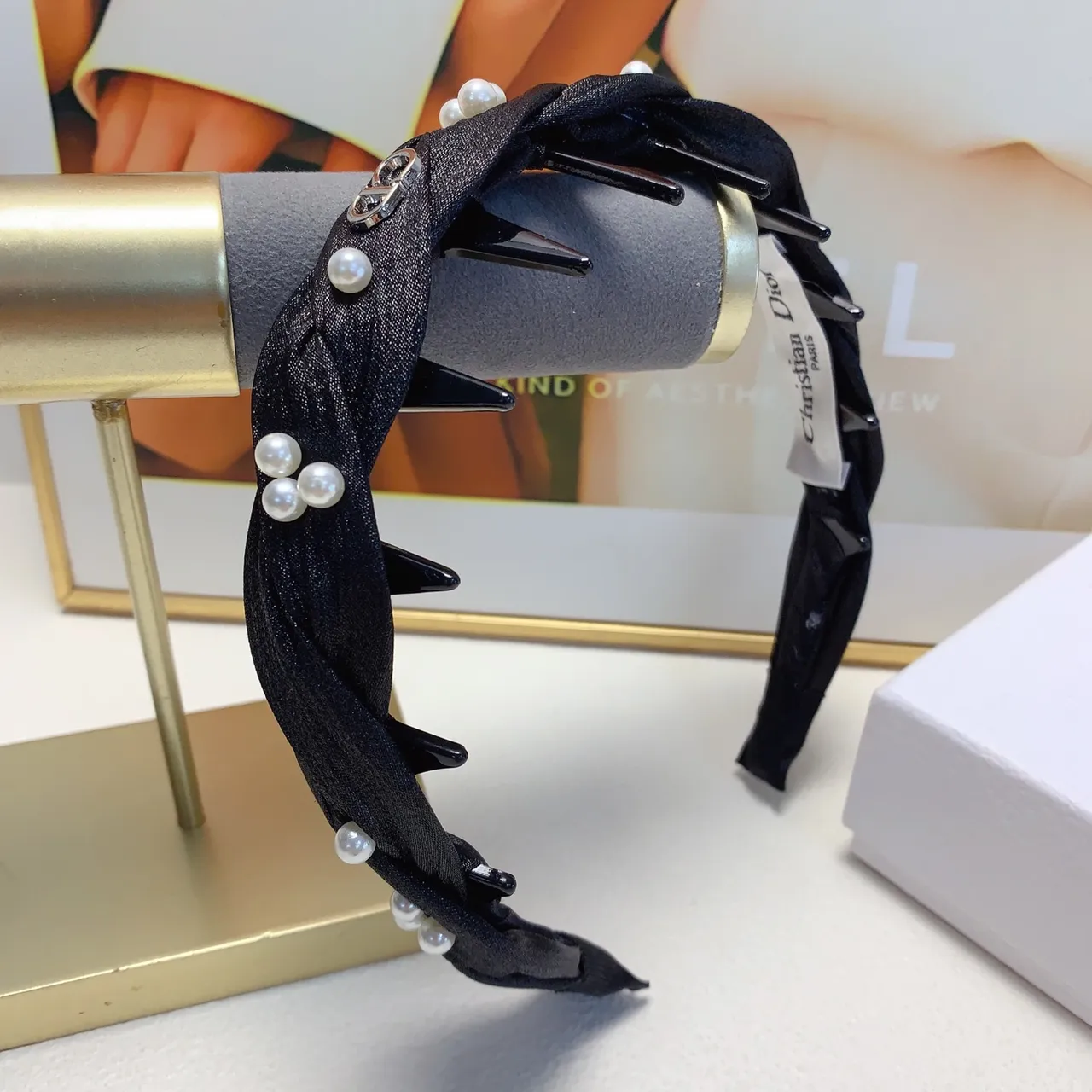 Dior Black Beige Twisted Ribbon Pearl-Embellished Jewelry 7