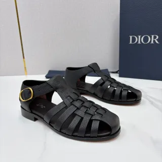 Dior Black Gold Woven Leather Straps Low Block Heel Gladiator Sandals