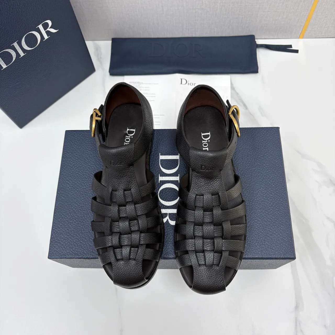 Dior কালো সোনা বোনা চামড়ার ফিতা নিম্ন ব্লক হিল গ্লাডিয়েটার স্যান্ডাল 5