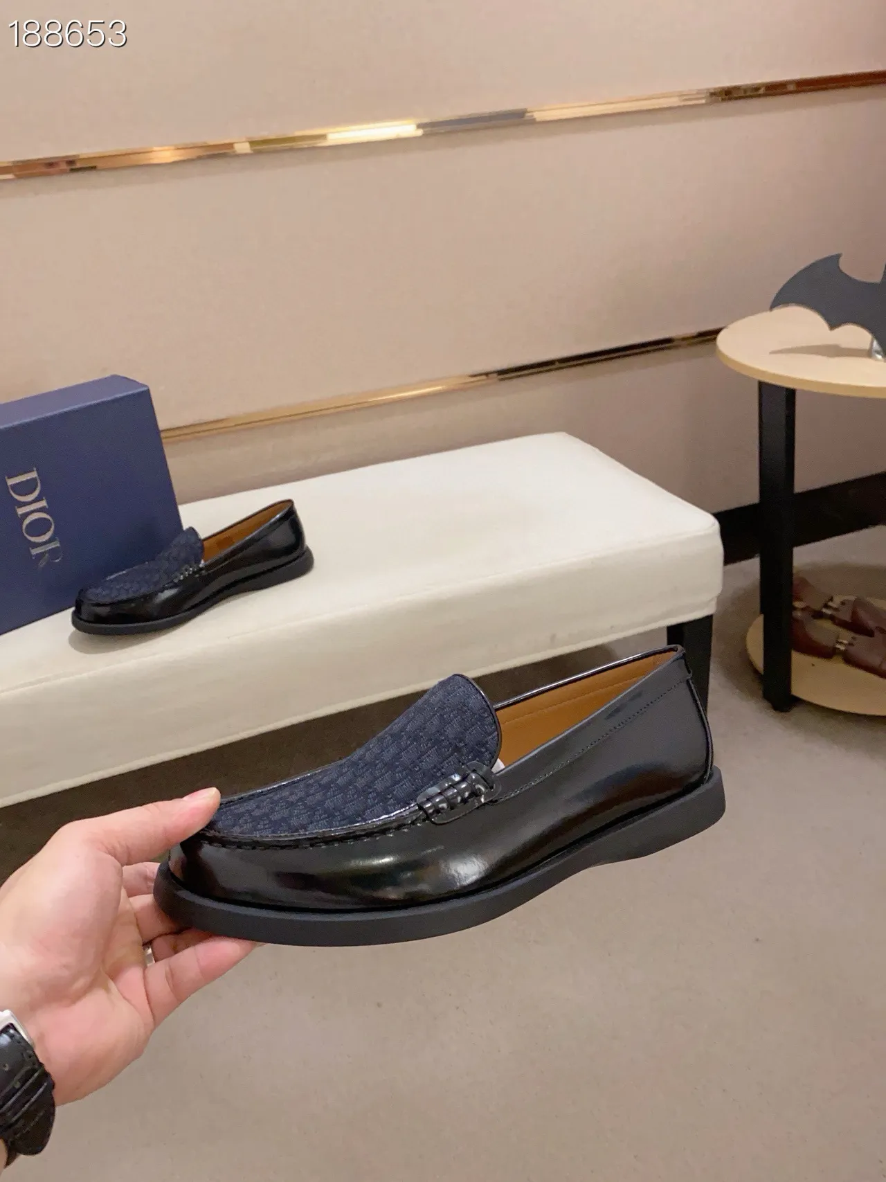 Dior Mocassin Noir Marine Cuir Verni Pointe Oblíque Jacquard Vamp Loafer 4