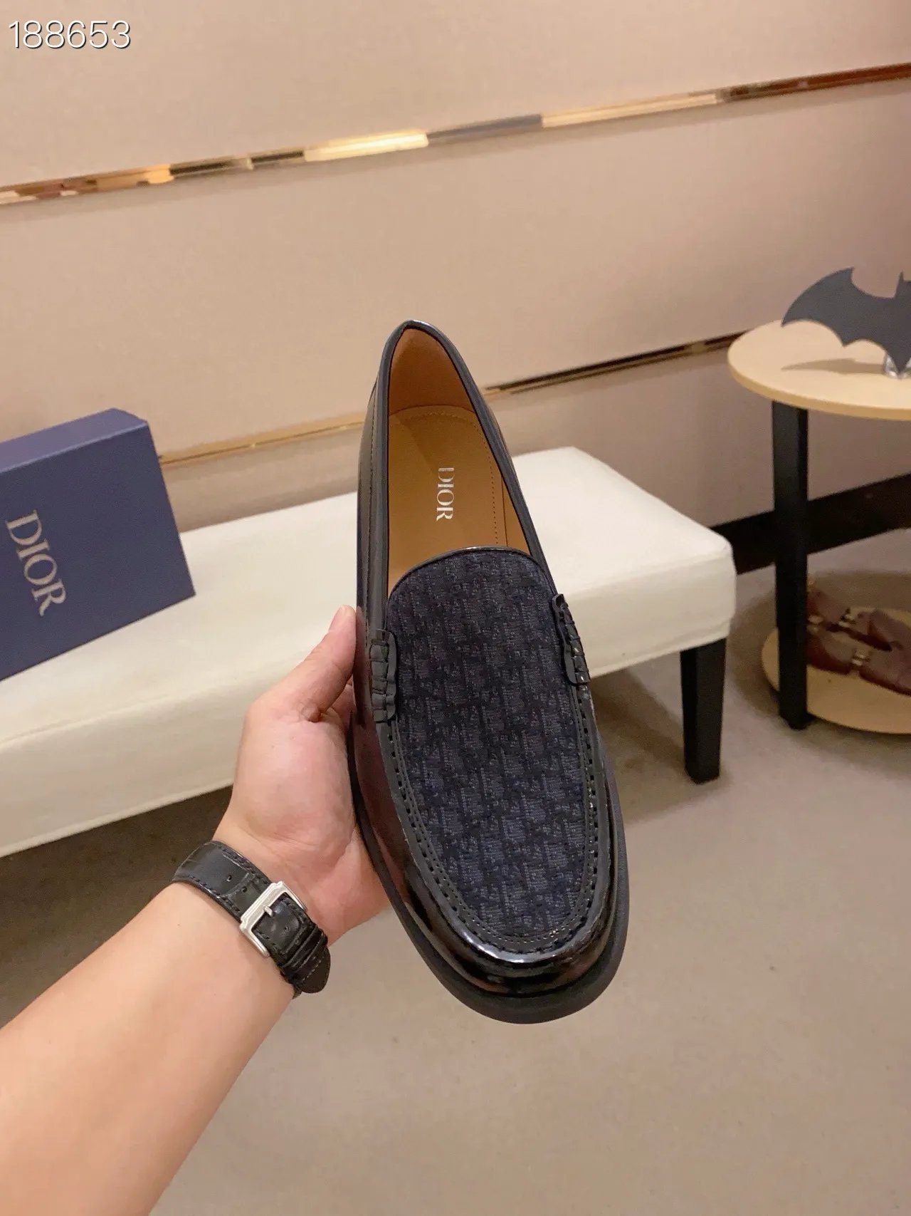 Dior Mocassin Noir Marine Cuir Verni Pointe Oblíque Jacquard Vamp Loafer 5