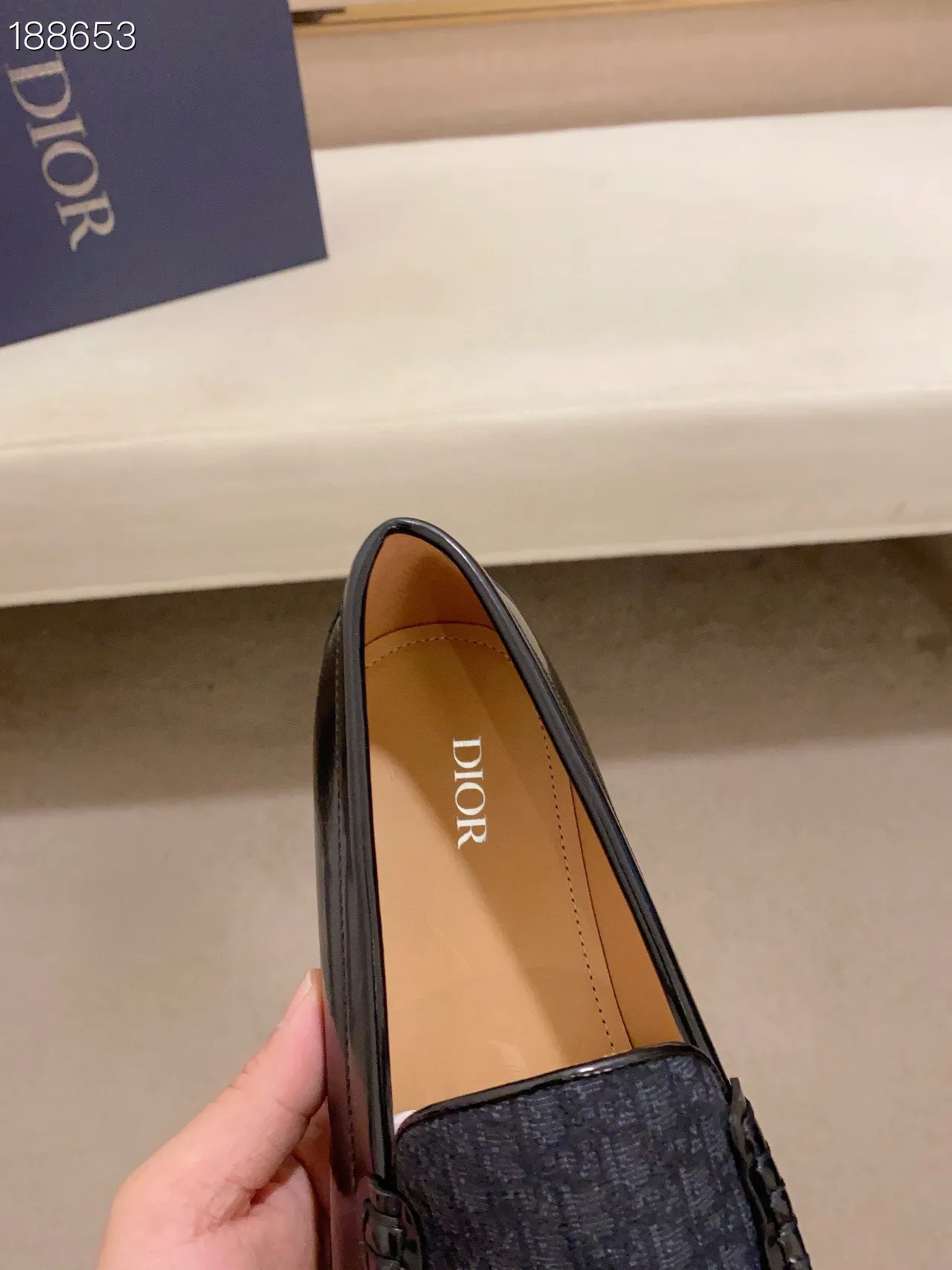 Dior Mocassin Noir Marine Cuir Verni Pointe Oblíque Jacquard Vamp Loafer 7