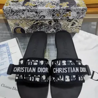 Dior Black White Wide Double Strap Monogram Webbing Slippers