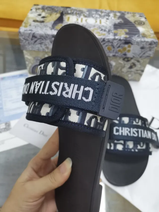 Dior Black White Wide Double Strap Monogram Webbing Slippers 3