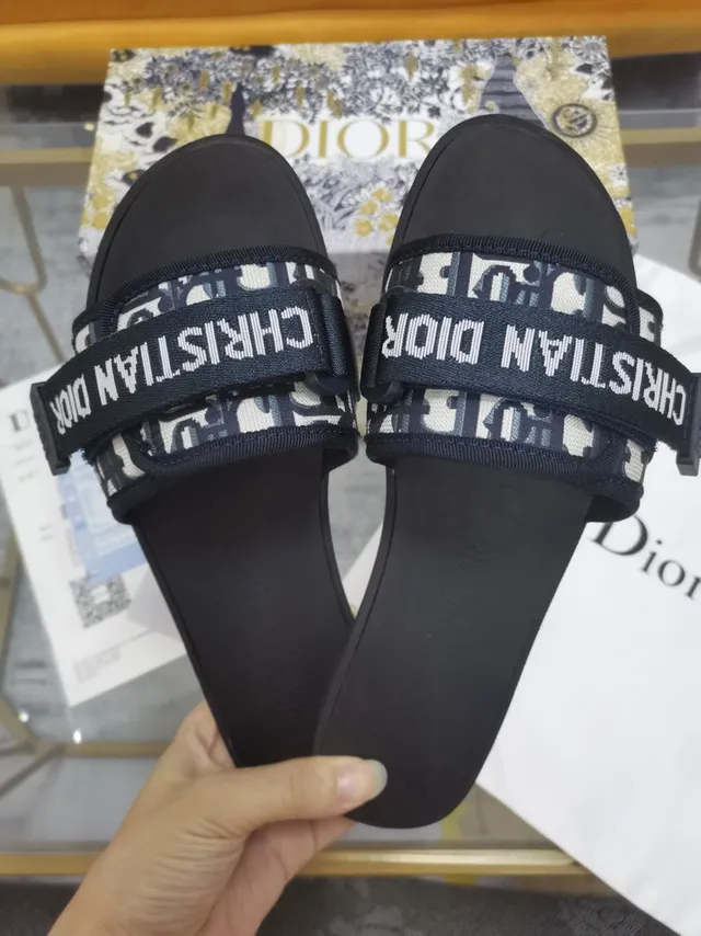 Dior Black White Wide Double Strap Monogram Webbing Slippers 4