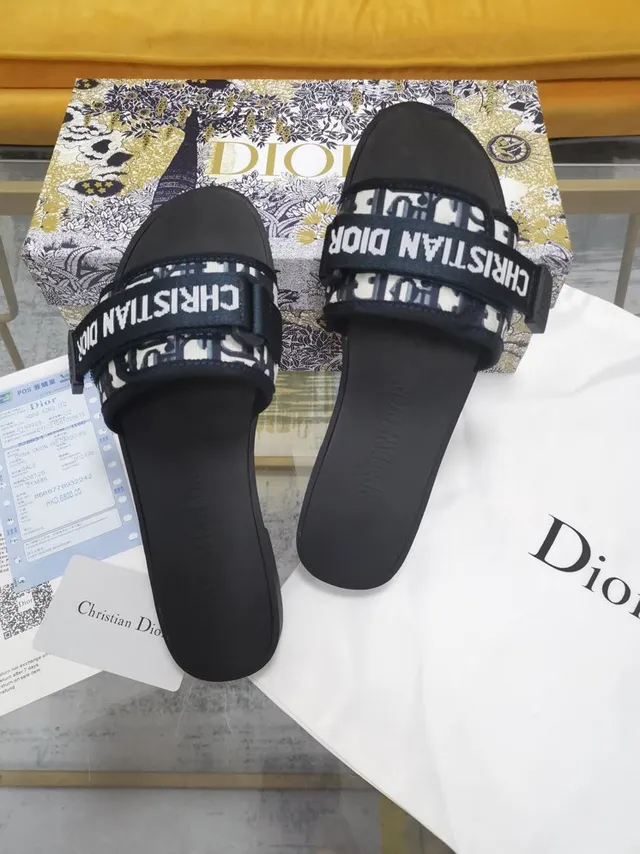 Dior Black White Wide Double Strap Monogram Webbing Slippers 5