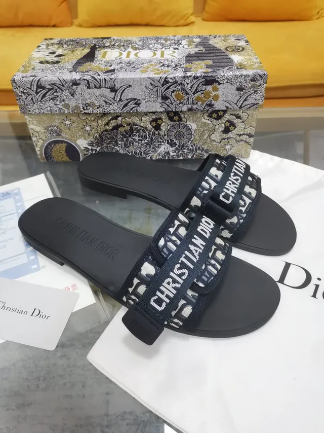 Dior Black White Wide Double Strap Monogram Webbing Slippers 6