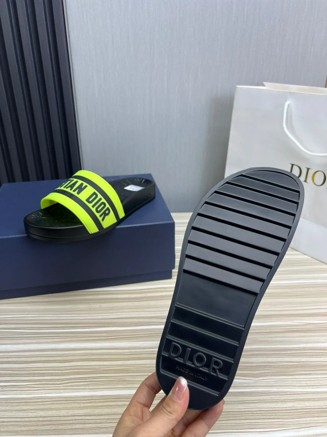 Dior Black Yellow Molded Rubber Sole Wide Branded Strap Slippers 2