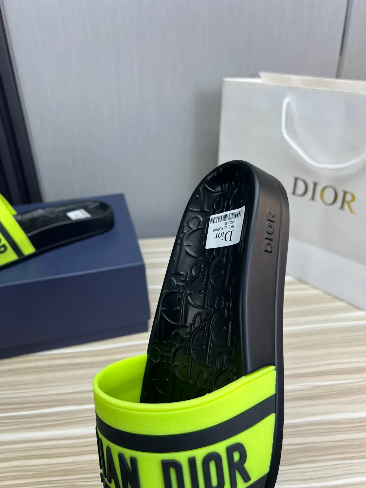 Dior Black Yellow Molded Rubber Sole Wide Branded Strap Slippers 4