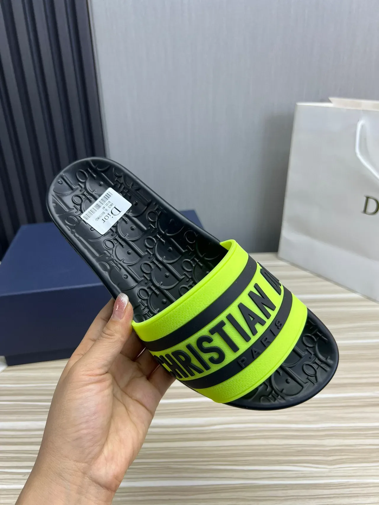 Dior Black Yellow Molded Rubber Sole Wide Branded Strap Slippers 5