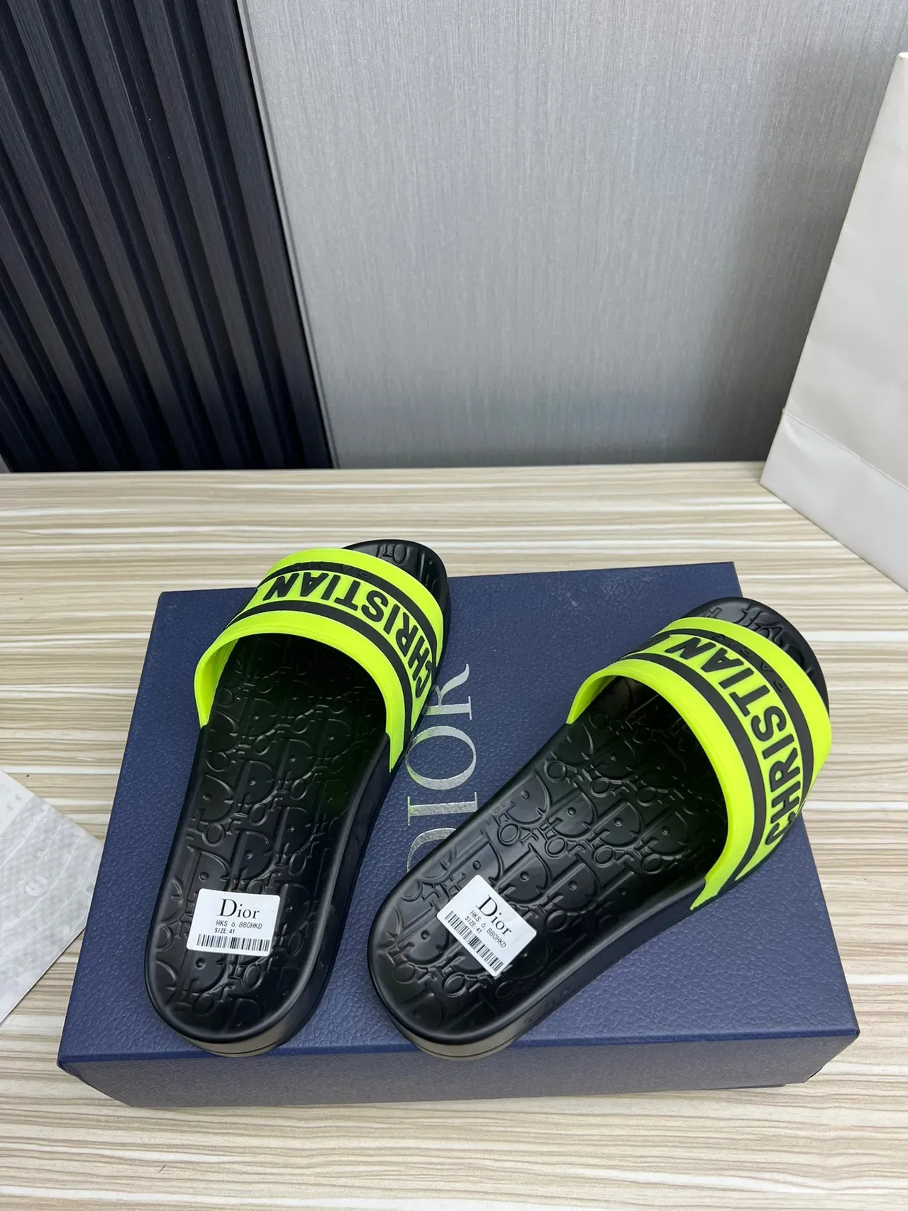 Dior Black Yellow Molded Rubber Sole Wide Branded Strap Slippers 7