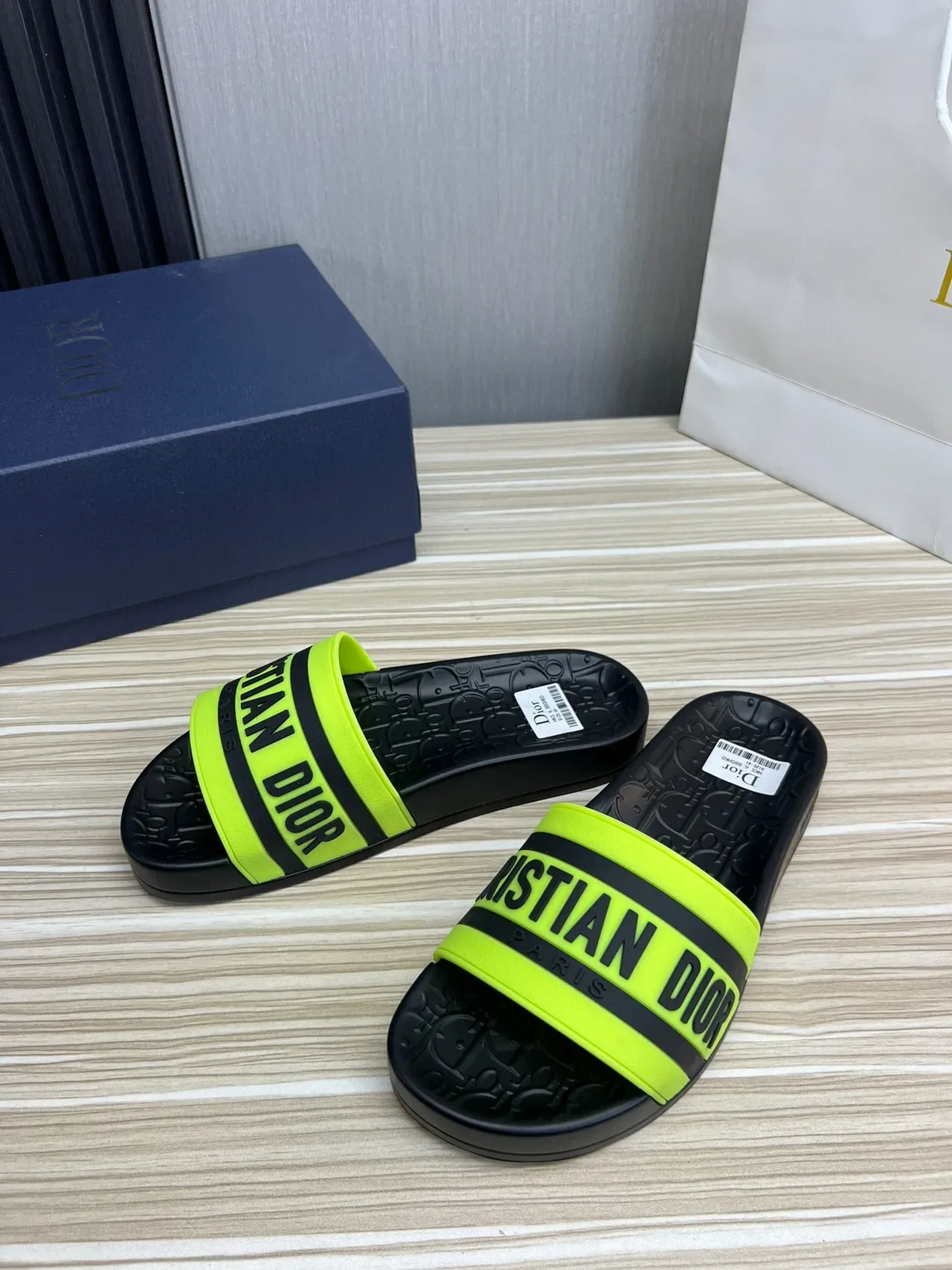 Dior Black Yellow Molded Rubber Sole Wide Branded Strap Slippers 9