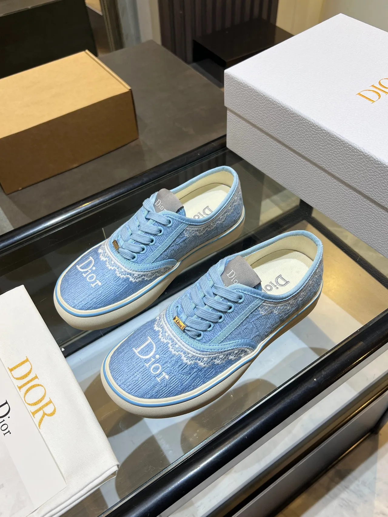 Dior Blue White Light Jacquard Textile Upper Embroidered Lace Trim Lifestyle Sneakers 2