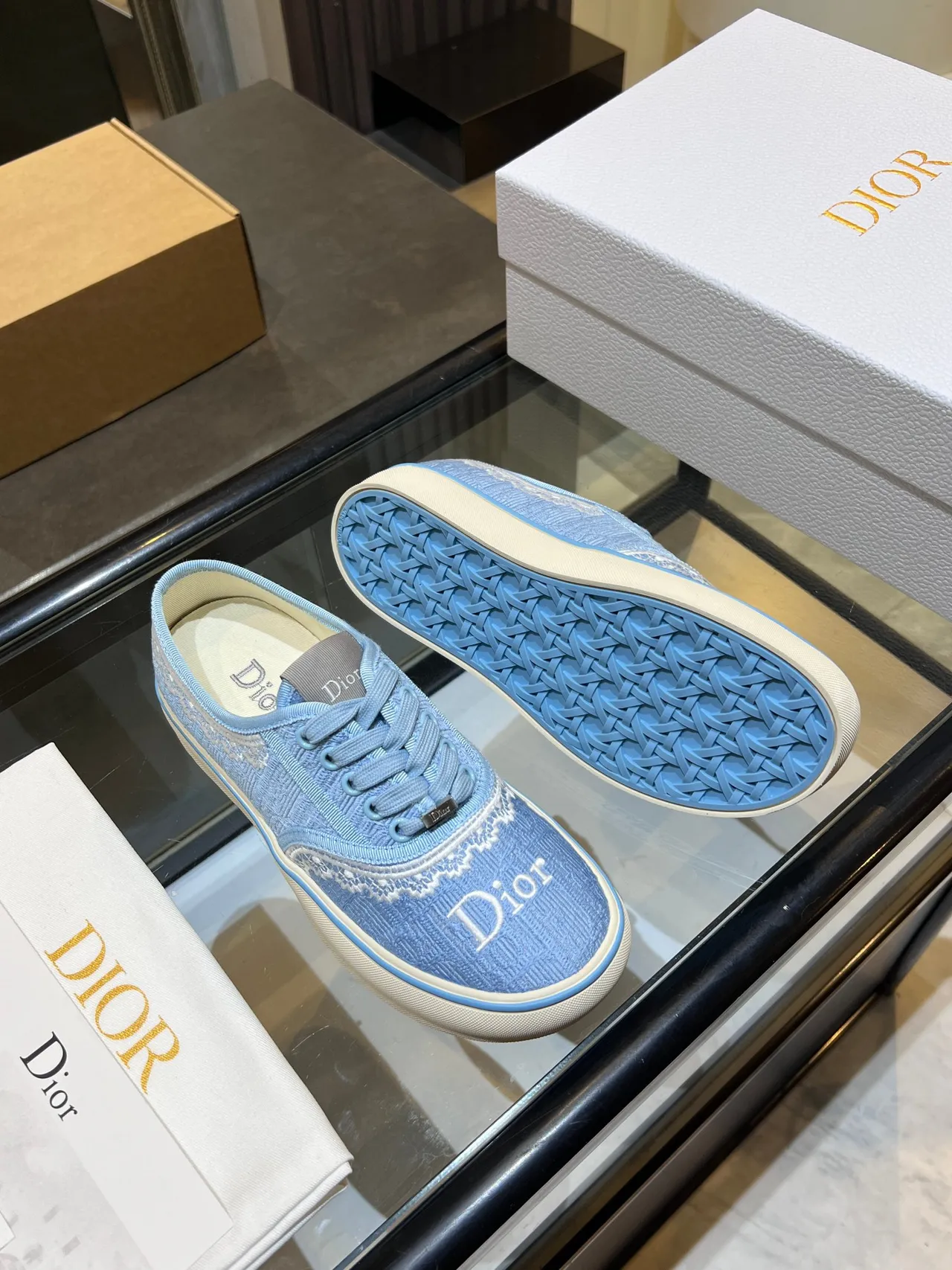 Dior Blue White Light Jacquard Textile Upper Embroidered Lace Trim Lifestyle Sneakers 3